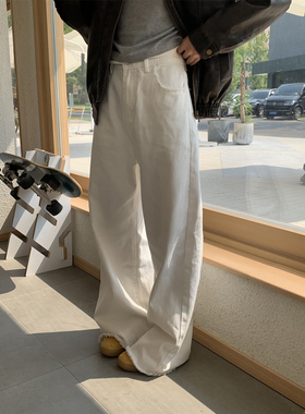 DRIZZLE 白色毛边牛仔裤女秋季2025新款韩系复古高腰显瘦阔腿长裤