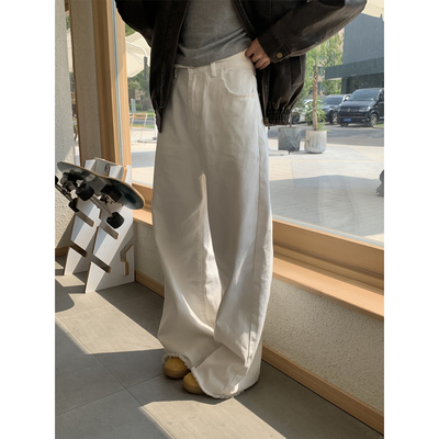 DRIZZLE 白色毛边牛仔裤女秋季2025新款韩系复古高腰显瘦阔腿长裤