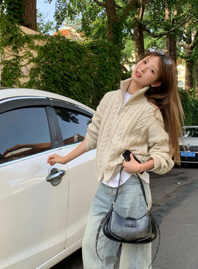 DRIZZLE 米色翻领麻花拉链毛衣开衫女秋季显瘦高领针织衫外套上衣