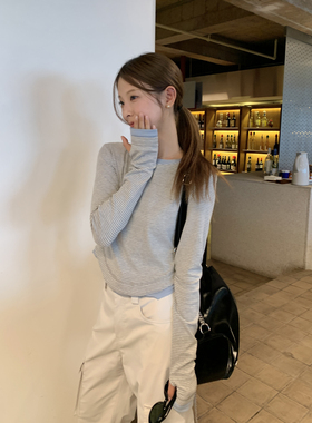 DRIZZLE 灰色条纹针织正肩长袖t恤女春秋假两件打底衫修身短上衣