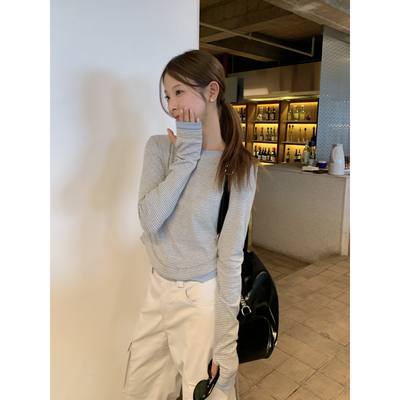 DRIZZLE灰色条纹长袖t恤女假两件上衣韩系正肩修身显瘦内搭打底衫