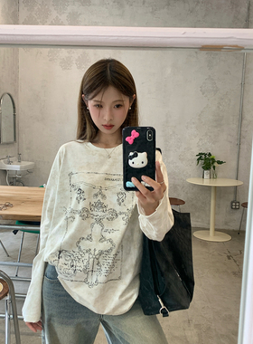 DRIZZLE 做旧印花白色长袖t恤女早秋上衣韩系宽松内搭圆领打底衫