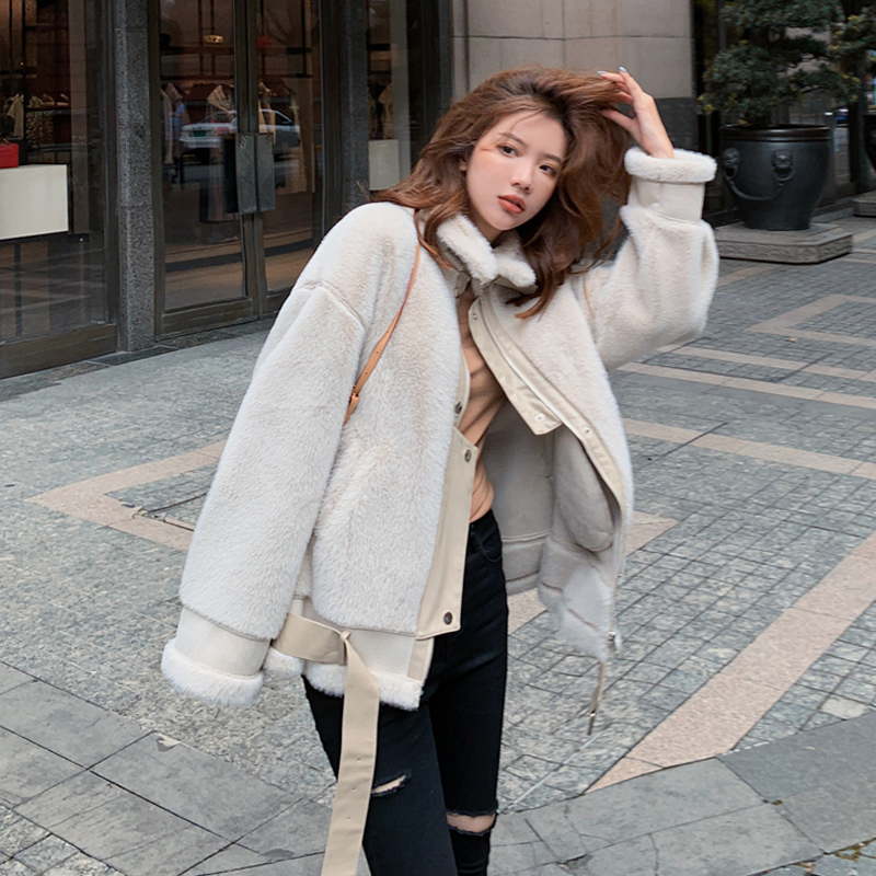 水貂绒外套机车羊羔毛皮毛一体