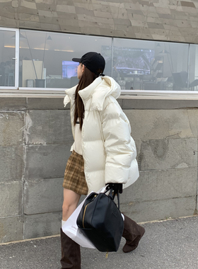 DRIZZLE 白色连帽羽绒服女冬季韩系90白鸭绒外套设计感加厚面包服