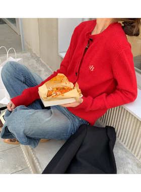 DRIZZLE 红色毛衣开衫女秋冬2025新款上衣韩系设计感内搭针织外套