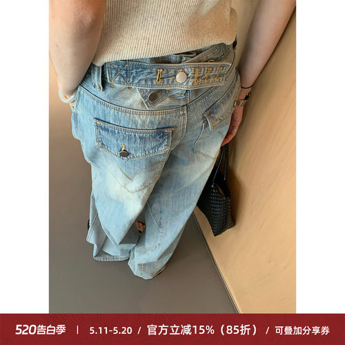 显瘦后背系扣牛仔裤女宽松弯刀裤
