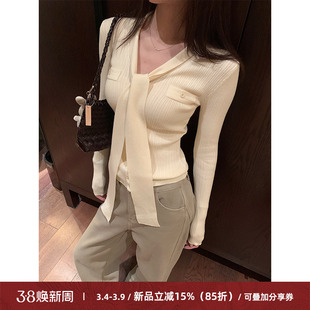 Cactishop律政俏佳人 飘带V领针织衫女修身气质假口袋打底上衣