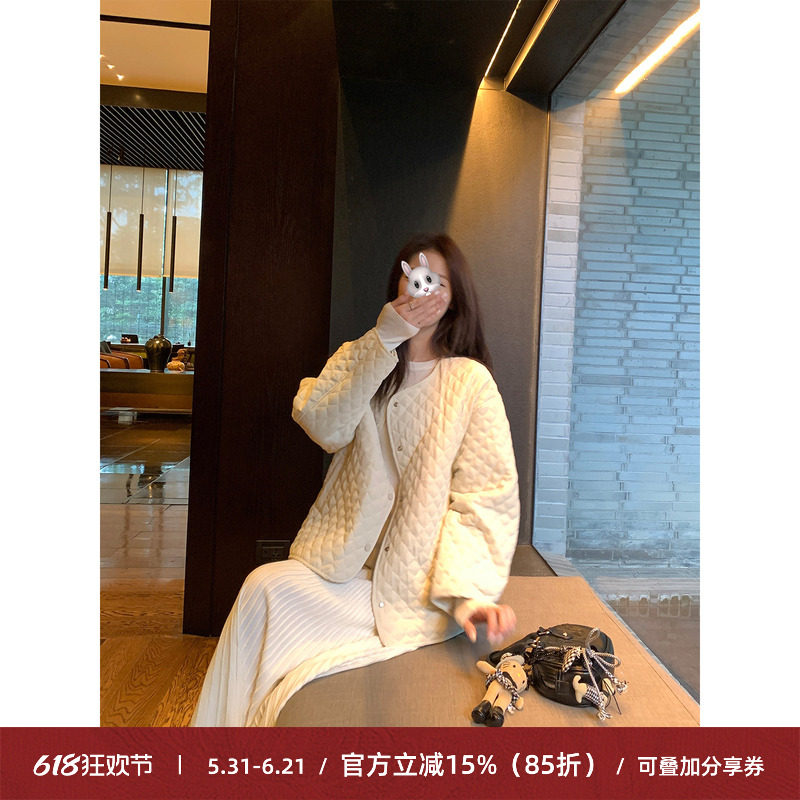 Cactishop奶油泡芙 菱格纯色保暖棉服女圆领气质简约轻便棉衣外套