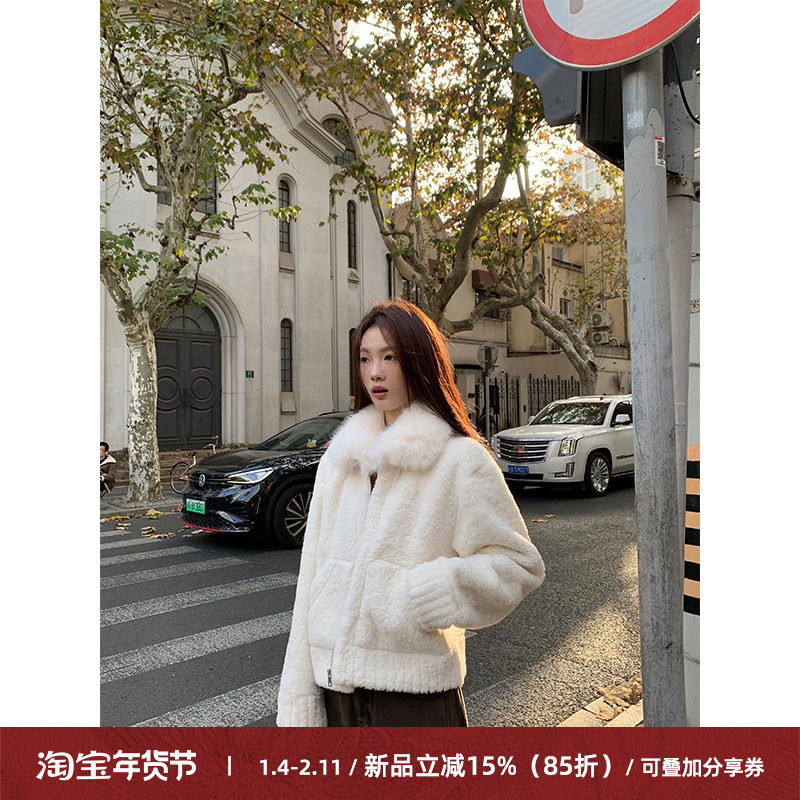 Cactishop小糯米 羊羔毛皮毛一体环保毛领外套女秋冬气质保暖皮草,女装/女士精品,短外套,淘宝优惠券,粉丝福利购,淘宝优惠卷