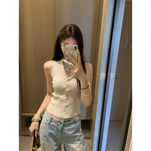 Cactishop【5折清仓】设计感翻领无袖针织背心女修身显瘦精致上衣