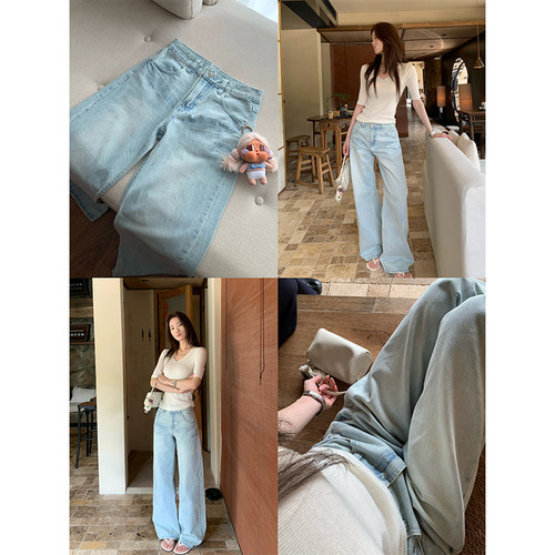 美式做旧水洗冰岛蓝牛仔裤女直筒