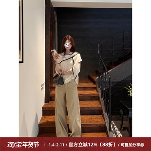 Cactishop雅痞老钱 美式复古卡其色休闲裤女秋冬直筒宽松阔腿裤