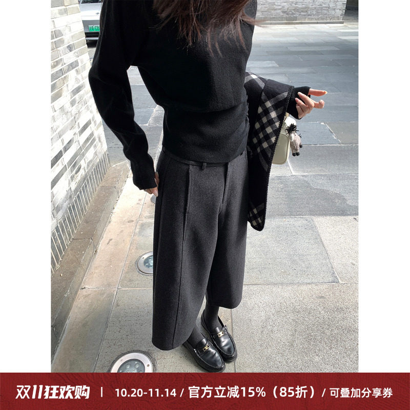 羊毛毛呢八分阔腿裤女秋冬休闲裤