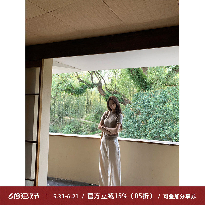 Cactishop奶油杏 简约竖纹双口袋直筒休闲裤女宽松显瘦设计款长裤