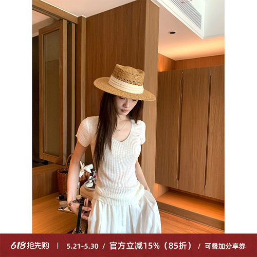 亚麻V领修身短袖女温柔气质收腰