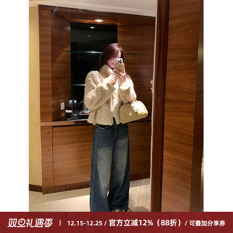 美式复古高腰阔腿牛仔裤女磨破