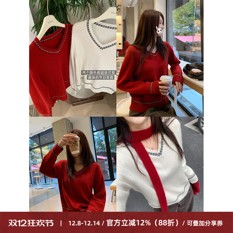 圣诞穿搭V领套头毛衣宽松慵懒