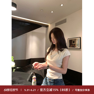 Cactishop心动氛围 荡领假两件小飞袖短袖针织衫女纯欲显瘦上衣