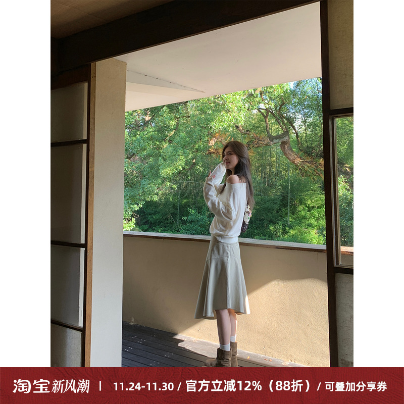 不规则荷叶边卡其色半身裙A字裙