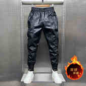 冬季 子 潮牌快递外卖防风防水束脚机车裤 加绒皮裤 男小脚加厚休闲裤