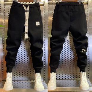 潮牌炸街卫裤男秋冬季加绒新款痞帅修身束脚运动黑色休闲九分裤子