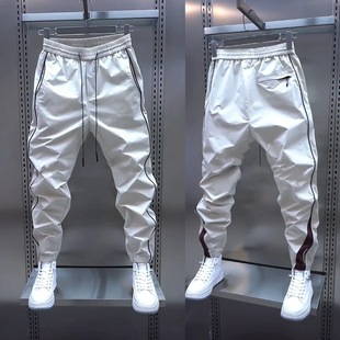 秋夏薄款 裤 速干休闲裤 松紧腰束脚工装 拼接潮流透气小脚裤 浅灰男士