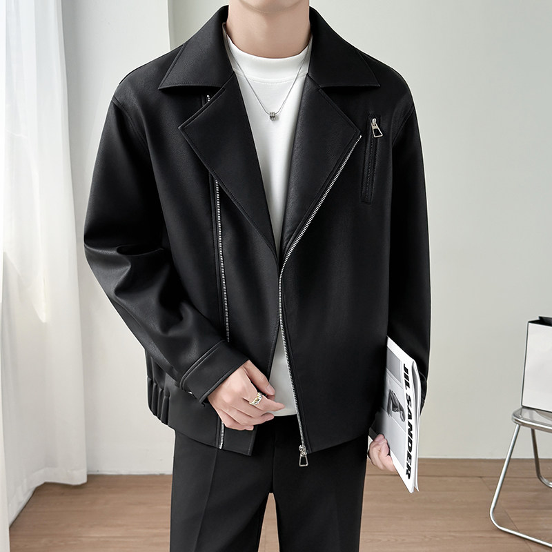 模特图~春季加厚软皮斜拉链翻领设计机车服夹克K8810/P118,男装夹克,电商B331