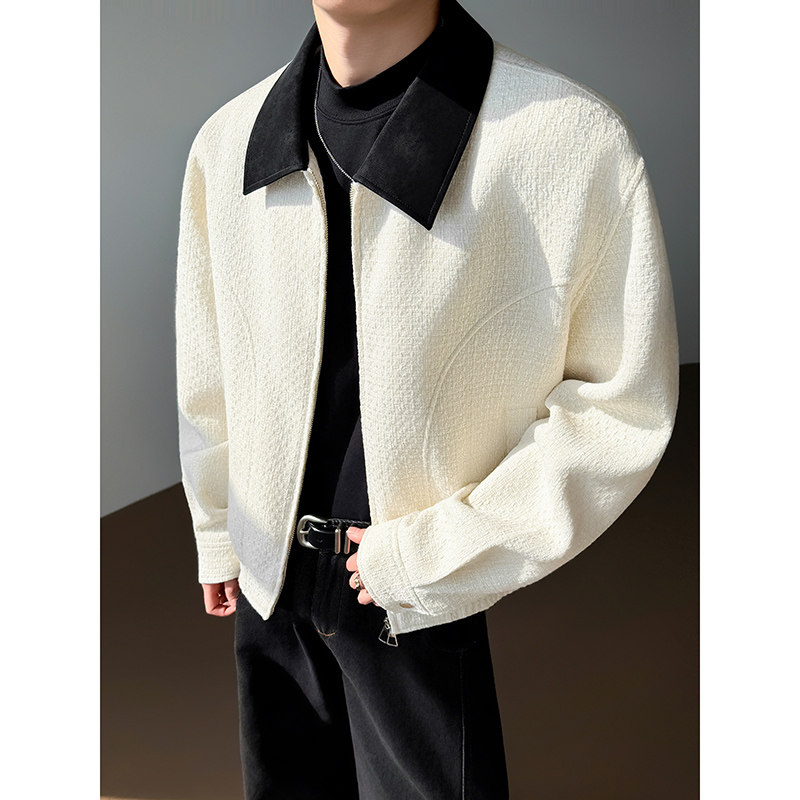 模特图~小香风拼皮双开拉链春季夹克外套YJ6009/P115，男装夹克，电商B331