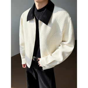 模特图~小香风拼皮双开拉链春季夹克外套 YJ6009/P115，男装夹克，电商B331