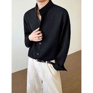 模特图~春季抖音复古木纹肌理小立领老钱风衬衫 YJ6011/P78，男装衬衫，电商B331