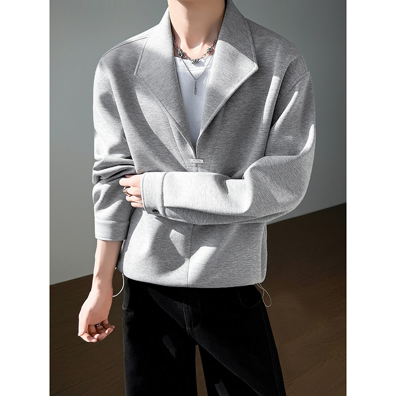 模特图~春季重磅假两件抽绳设计翻领卫衣YJ6022/P88，男装卫衣，电商B331