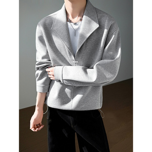 模特图~春季重磅假两件抽绳设计翻领卫衣 YJ6022/P88，男装卫衣，电商B331