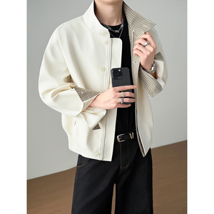 模特图~春季千鸟格拼色立领夹克外套 YJ6019/P98，男装夹克，电商B331