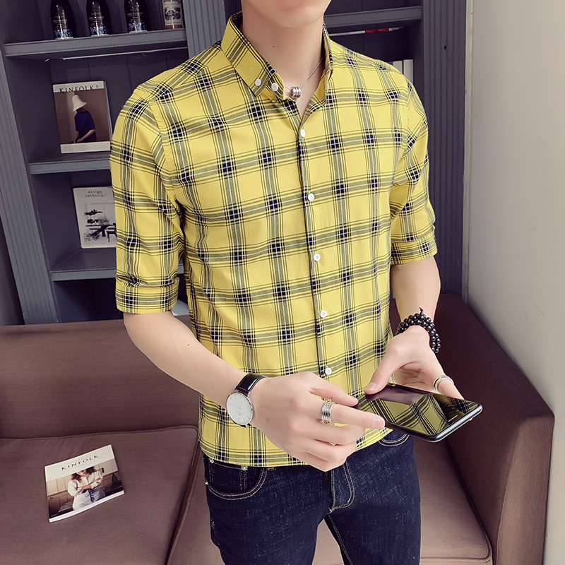 2021 summer new men's Korean slim Plaid Shirt 5-inch sleeve