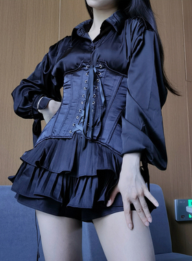 黑色套装衬衫腰封百褶裙三件套短裙束腰韩舞打歌服舞台装演出服