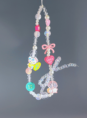 冲浪KT猫蝴蝶结珠串手机链少女心珠饰爱心挂绳ccd相机挂件装饰