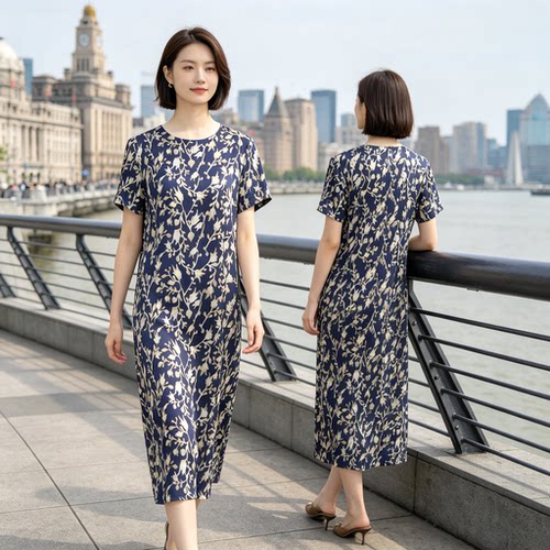 杭州丝绸中年妈妈短袖连衣裙