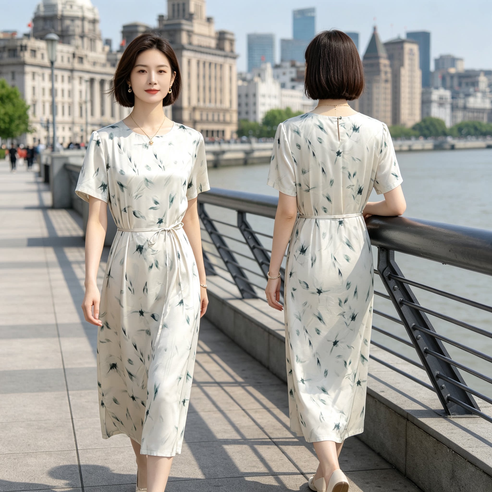 杭州丝绸中年妈妈短袖连衣裙