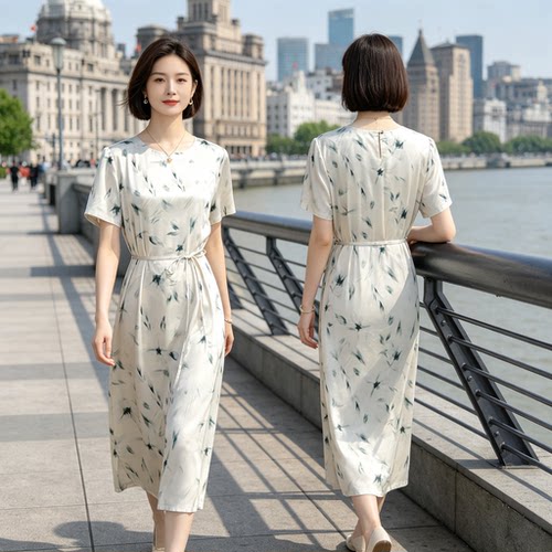 杭州丝绸中年妈妈短袖连衣裙