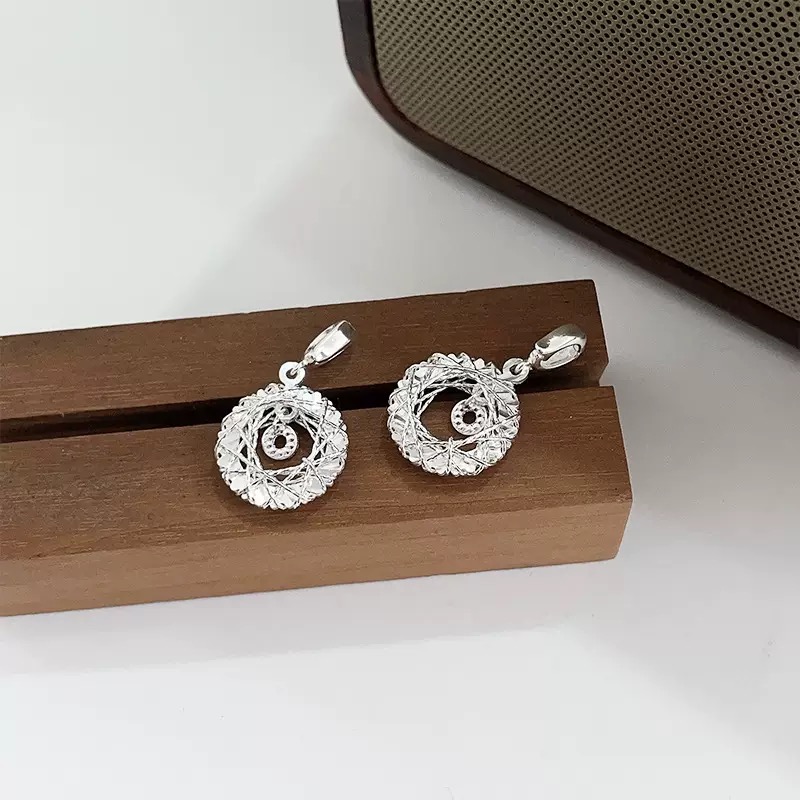 银瑞泰s925纯银织梦网甜甜圈吊坠女爆闪拉丝轻奢高级圆环挂坠配件