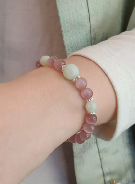 粉紫色猫眼石手链小清新天然岫玉转运珠柠檬晶猫头手链轻奢高级感