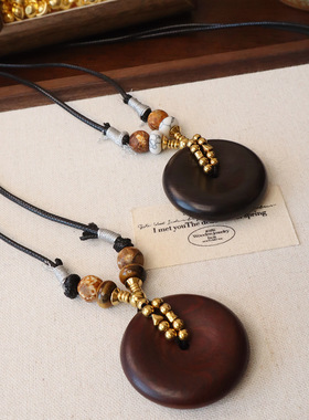 国风天然檀木平安扣新中式吊坠项链长款秋冬装毛衣链钛钢不掉色