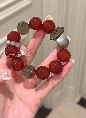 天然红玛瑙茶晶银曜石新年手链