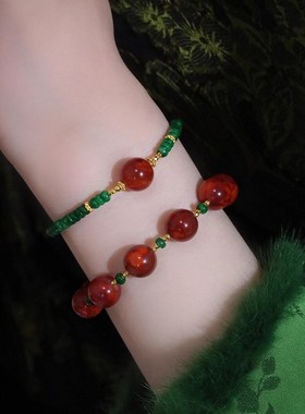 国色芳华新中式天然南红玛瑙干青翡翠手串本命年红色开运手链女款