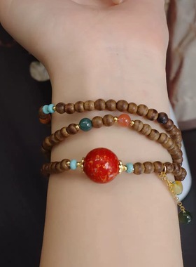 一线黄油沉香木多圈手串文玩手串三圈设计玛瑙天珠大漆珠手串