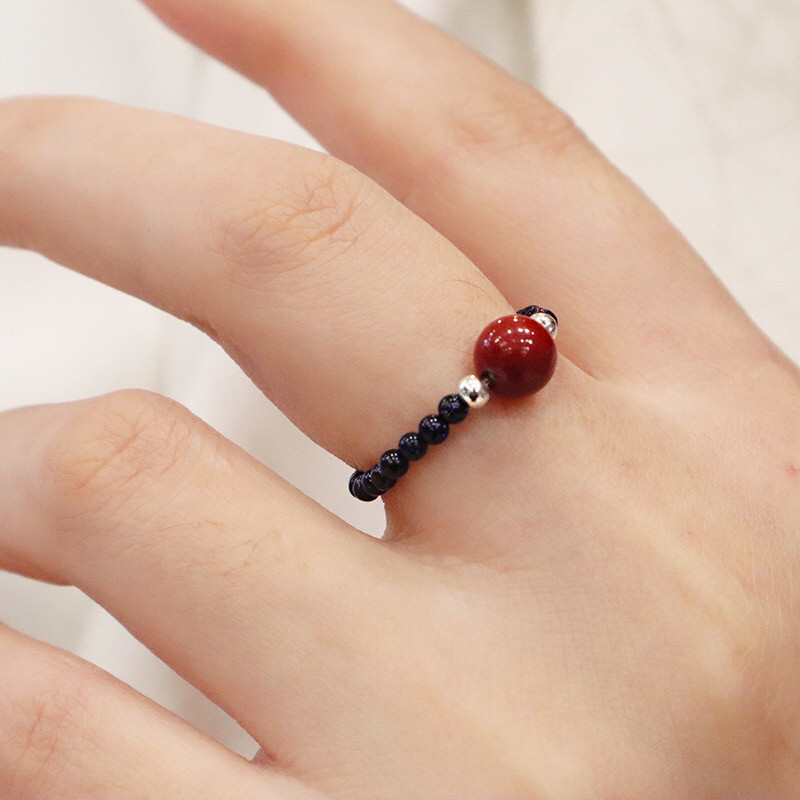 一生一世天然朱砂豆豆戒指新款手工编绳银珠戒子转运珠蓝砂石指环