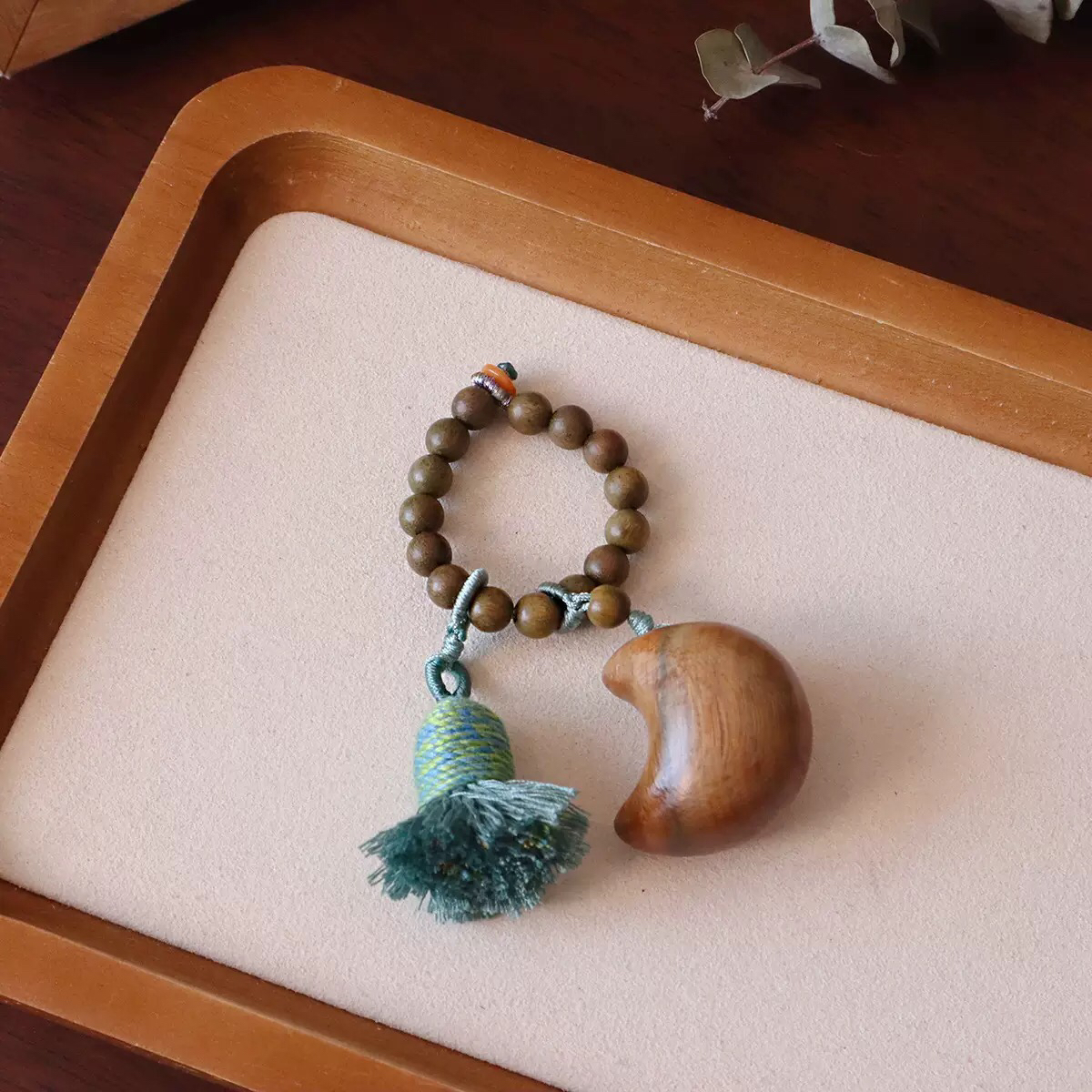 天然绿檀木星星月亮手机挂钥匙扣包包挂手工编绳饰品可爱挂件