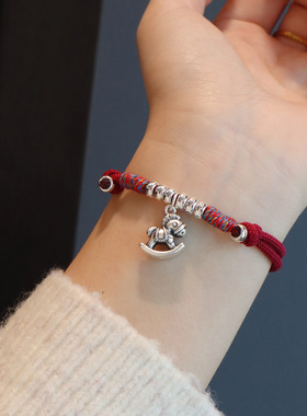 999足银马上有钱手绳手链女新中式生肖本命年马年纯银红色手饰