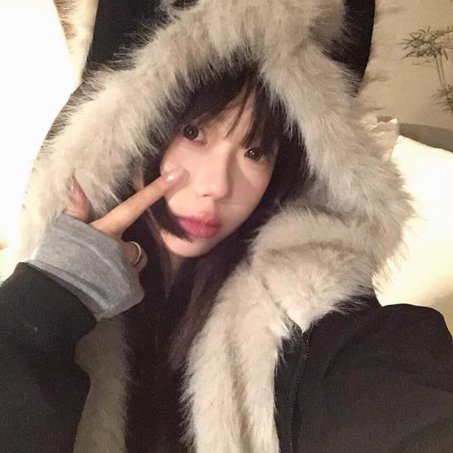 秋冬季新款宽松加厚棉衣棉服黑色麂皮毛领夹棉座山雕猫耳朵外套女