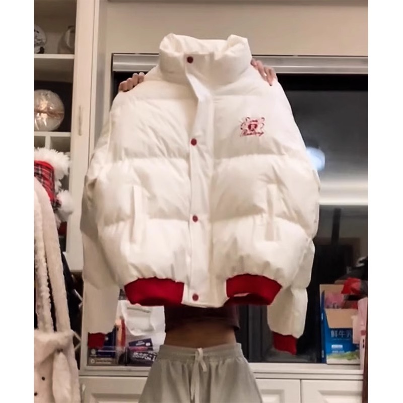 美式复古撞色刺绣立领棉服
